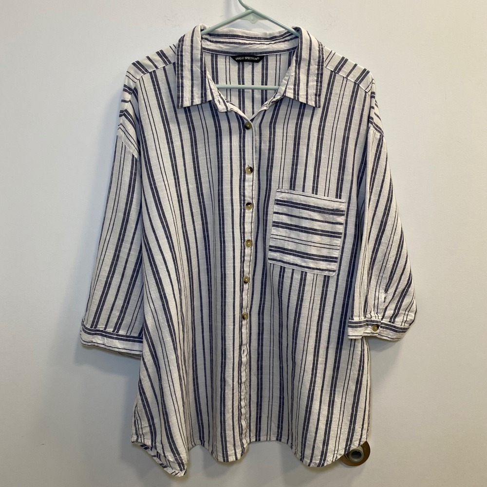 Unique Spectrum Womens Button Down 1X White Blue Striped Coastal 100% Cotton Top